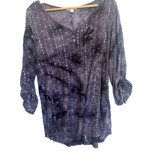 CB Established Womens Embroidered Henley Top Size XL Acid Wash Grunge Witchy Y2K